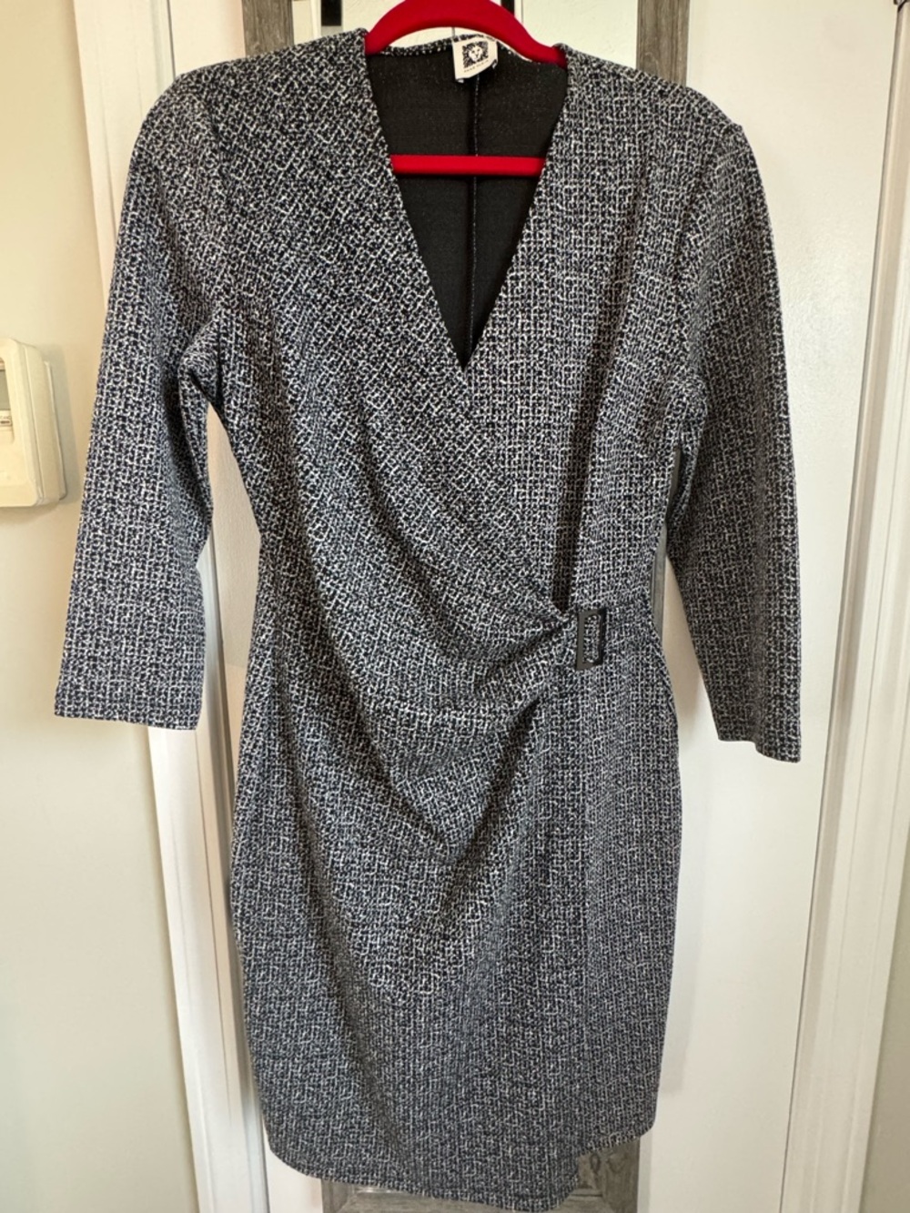 Anne Klein Black and White Tweed Wrap-Style Midi Dress